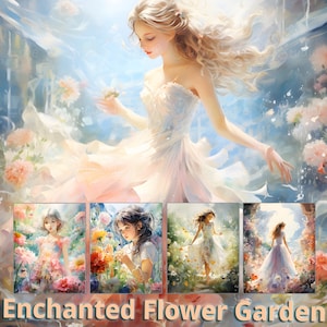 25 papel digital aquarela menina e flores, fundo para impressão de jardim de flores encantado, arte de retrato de mulher bonita, uso comercial