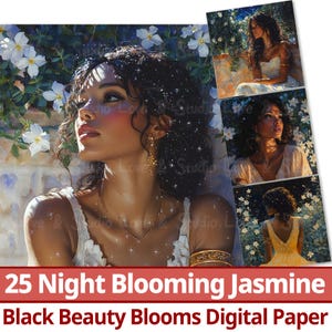 25 nattblommande jasmin digitalt papper, svart skönhet blommar clipart utskrivbar majestätisk afroamerikan, den livfulla blomman, kommersiellt bruk