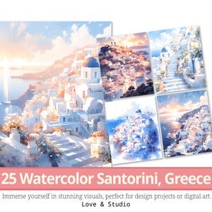 25 Santorini, Griekenland digitaal papier, aquarel sprookjesachtige stad clipart, oude Europese straten PNG, commercieel gebruik, INSTANT downloaden.