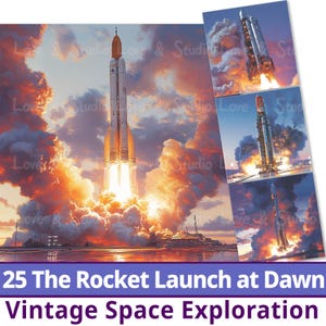 May include: An illustration of a rocket launch with fiery orange and yellow clouds. The image includes smaller images of rockets. The text at the bottom reads "25 The Rocket Launch at Dawn Vintage Space Exploration."