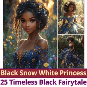 Papel digital de princesas blancas como la nieve, cuentos de hadas negros atemporales, imprimible, princesas afroamericanas con melanina mágica, uso comercial.
