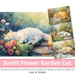 25 Papel digital de gato de jardín de flores iluminado por el sol, encantadora acuarela de Fellin, gato negro perezoso imprimible, gato blanco, diario, fondo de pantalla, comercial