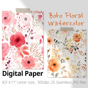 25 Botanical Floral Watercolor Seamless Pattern, Boho style Autumn Flower Background. Letter Size Digital Paper. Scrapbook, Commercial use