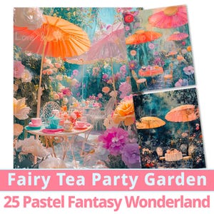 25 Fee Tee Party Garten Digitales Papier. Magical Pastel World Traumlandschaft Kollektion. Fantasy Wonderland für kleine Träumer, Kommerzielle Nutzung
