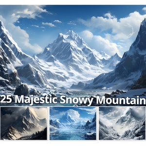 25 Een majestueus besneeuwd berg digitaal papier, fantasieachtergrond. Overlay, kaarten maken, dagboek, behang en boekomslag. Commercieel gebruik.