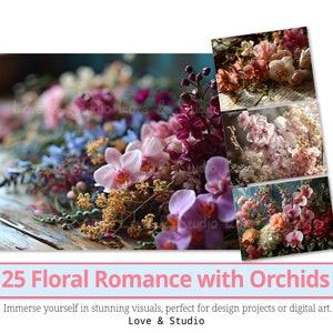25 Blumen Romanze mit Orchideen Digitales Papier, Kartendesign für Valentinstag Romantische Blume Clipart. Druckbare süße Liebesbrief, kommerzielle Nutzung