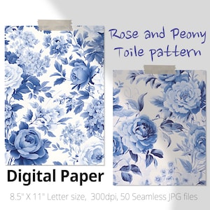 50 Motivo Toile con rose e peonie senza cuciture, carta da parati asiatica. Sfondo in ceramica blu cinese. Modello francese Toile de Jouy. Cineserie blu