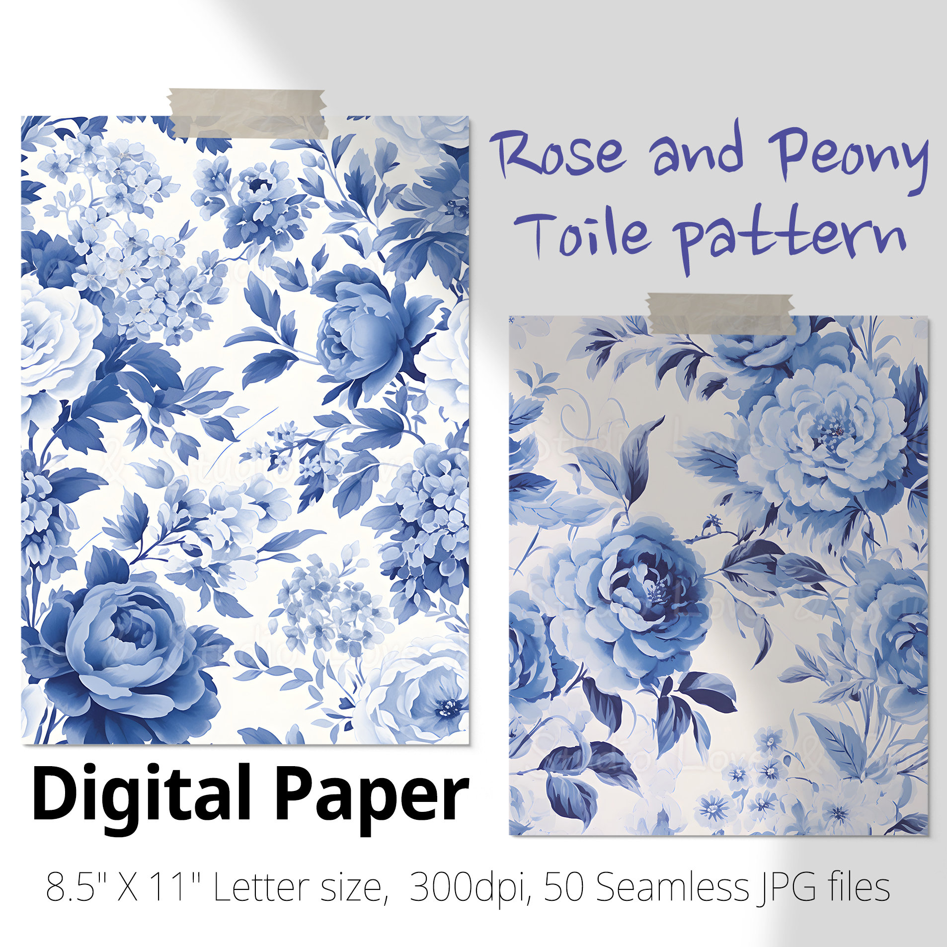 50 Seamless Rose and Peony Toile Pattern, Asian Wallpaper. Chinese Blue ...