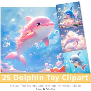 25 Baby Delphin Spielzeug Clipart, 3D niedlichen Tier Clipart, bunte Meeresgeschöpfe Illustration für Kinder, digitales Basteln, kommerzielle Nutzung