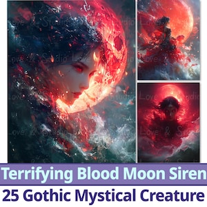 25 Blutmond Sirenen Digital Papier, Printable Dark Fantasy, Halloween Decor. Gothic mystische Kreatur Kulisse. Kommerzielle Nutzung