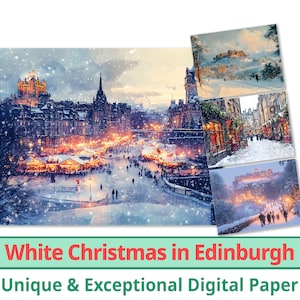 25 Carta digitale di Natale bianco Edimburgo, Paesaggio urbano con neve che cade, Sfondo invernale festivo, Buono regalo per la collezione di vacanze, Uso commerciale