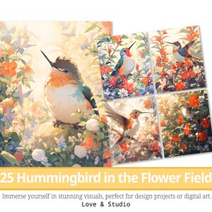 25 Kolibri im Blumenfeld Clipart, Pastell Blumen digitales Papier, niedliche Tier Illustration für Kinder, digitales Basteln, kommerzielle Nutzung