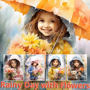 25 Papel digital de niña y flores de acuarela, día lluvioso con fondo imprimible de flores, arte de retrato de mujer hermosa, uso comercial