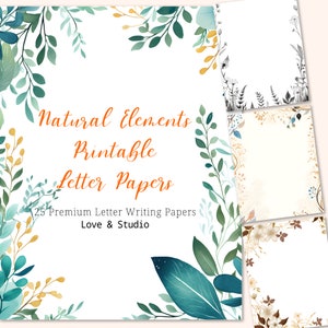 Papel de carta imprimible de 25 elementos naturales, borde de página de acuarela. Escritura de cartas digitales, amigos por correspondencia, papel artesanal de papelería. Uso comercial
