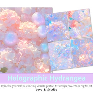 Pode incluir: Um pacote de papel digital com seis imagens de hortênsias holográficas em rosa, azul e branco. As imagens são perfeitas para scrapbooking digital, criação de cartões e outros projetos criativos.