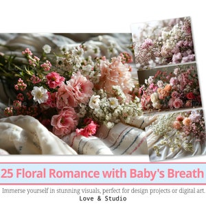 25 Romance floral com papel digital de respiração de bebê, design de cartão para dia dos namorados, clipart de flores. Doce carta de amor para impressão, uso comercial