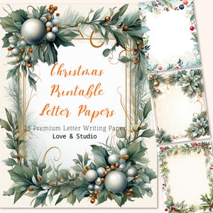 25 Papel de carta imprimible navideño, borde de página navideña en acuarela. Tarjeta de invitación imprimible, papel artesanal de papelería. Uso comercial