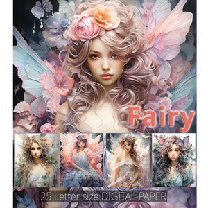 25 Papel digital de hadas de acuarela, fondo de fantasía imprimible, telón de fondo de personajes mágicos, ilustraciones de retratos de criaturas, uso comercial
