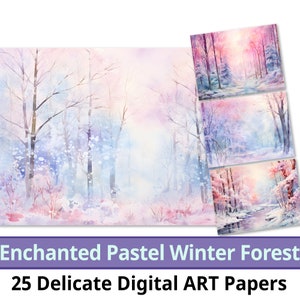 25 Papier numérique Enchanted Pastel Winter Forest, Aquarelle de neige à l’ombre pastel douce. Papier artisanal. Bel élément fantastique. Un usage commercial