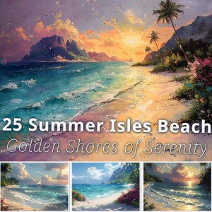 25 Golden Shores of Serenity digitaal papier, afdrukbare fantasieachtergrond, zomereilanden strandlandschap. Een kaart maken, een dagboek bijhouden, behang
