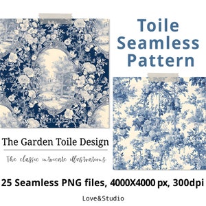 25 Il modello senza cuciture della tela da giardino, carta digitale con scene di campagna. Sfondo in ceramica blu cinese. Toile de Jouy, uso commerciale