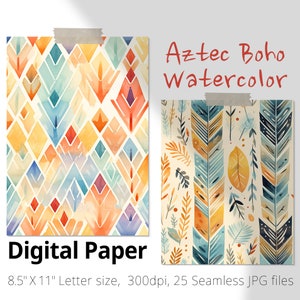 25 Boho-style Aztec Digital Paper. Ethnic Boho Watercolor Seamless Pattern. Autumn Sublimation Design, Bohemian Print, Commercial use