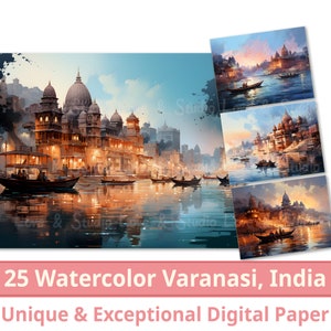 25 View of Varanasi, India Digital Paper, Watercolor with Pen Brush Old City Clipart, Sublimation, Journal, Wallpaper, Commercial Use,