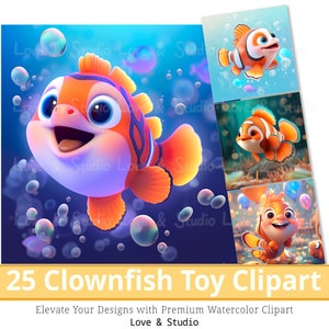 25 Baby Clownfish Toy Clipart, 3D Cute Animal Graphic, Kleurrijke illustratie voor kinderen, Commercieel Gebruik, INSTANT Download.