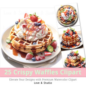 25 imágenes prediseñadas de acuarela de gofres crujientes, papel digital de brunch indulgente, ilustración de desayuno imprimible, imagen de álbum de recortes de alimentos uso comercial