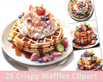 25 Crispy Waffles Watercolor Clipart, Indulgent Brunch Digital Paper, Printable Breakfast Illustration, Food Scrapbook Image Commercial use