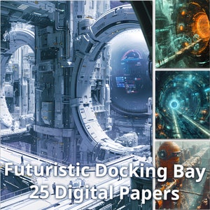 Può includere: Una baia di attracco futuristica con una grande struttura circolare bianca e una sfera blu al centro. Il testo "Futuristic Docking Bay 25 Digital Papers" è nella parte inferiore dell'immagine.
