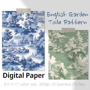 50 English Garden Toile Seamless Pattern, Vintage Pastoral Scenes Digital Paper. Chinese Blue Ceramic Background. Toile de Jouy