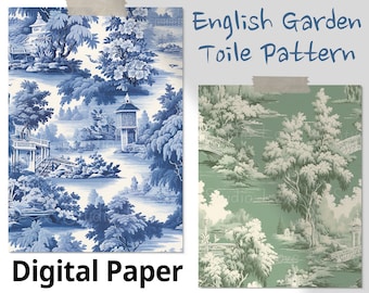 May include: A digital paper pack with two designs of a blue and white toile pattern featuring a garden scene with a bridge, trees, and a tower. The text "English Garden Toile Pattern" and "Digital Paper" is included in the image. The image also includes the text "8.5" x 11" Letter size, 300dpi, 50 Seamless JPG files".