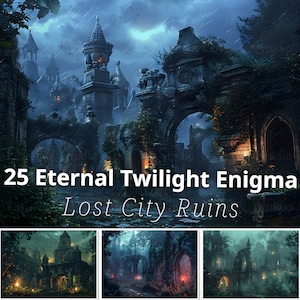 25 Ruinen der verlorenen Stadt, digitales Papier, druckbarer Fantasy-Hintergrund, ewige Twilight-Enigma-Landschaft. Journaling, Hintergrundbild