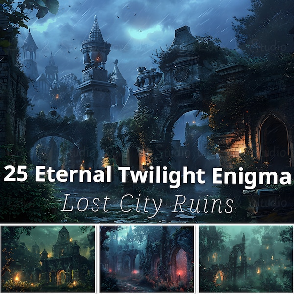 25 Lost City Ruins Digital Paper, Printable Fantasy Background, Eternal Twilight Enigma Landscape. Journaling, Wallpaper