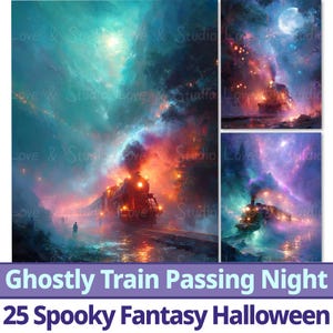 25 Ein Geisterzug bei Nacht, Digital Papier, Printable Dark Fantasy, Halloween Decor. Gothic mystische Kreatur Kulisse. Kommerzielle Nutzung