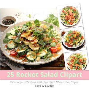 25 Rocket Salad Watercolor Clipart, Indulgent Brunch Digital Paper, Printable Appetizer Illustration, Food Scrapbook Image, Commercial use
