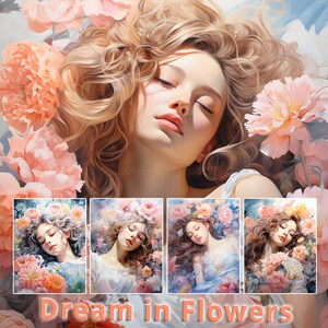25 Papel digital de niña y flores de acuarela, fondo imprimible de sueño en flores, arte de retrato de mujer hermosa, uso comercial