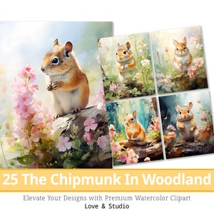 25 The Chipmunk In Woodland Clipart, Animale adorabile dell'acquerello nell'incantevole foresta Sublimazione, Uso commerciale, Download immediato.