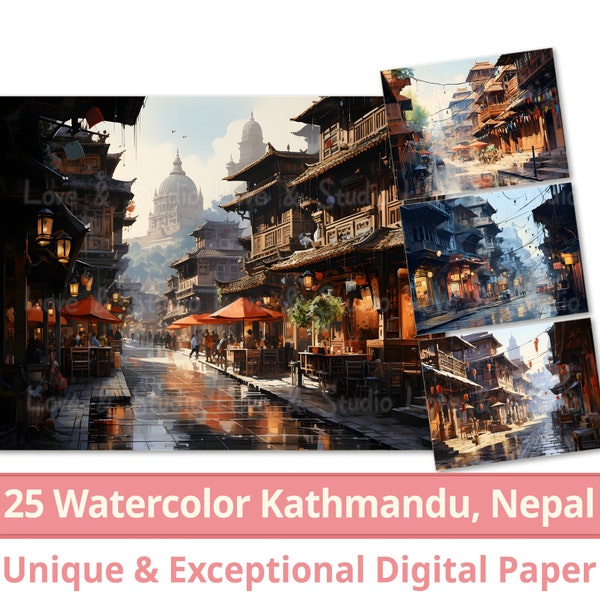 25 View of Kathmandu, Nepal Digital Paper, Watercolor with Pen Brush Old City Clipart, Sublimation, Journal, Wallpaper, Commercial Use,