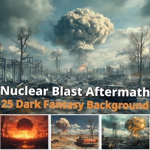 25 Documentos digitales sobre las consecuencias de una explosión nuclear, imagen futurista distópica, fondo postapocalíptico, inspirado en juegos de rol, uso comercial
