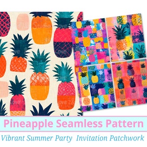 25 süsse Ananas Patchwork Muster. Lebendiges Obst Digitales Papier. Druckbare Sommer Themen Hintergrund, kommerzielle Nutzung