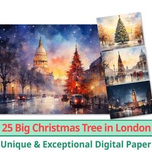 25 Christmas Tree in London Trafalgar Square DigitalPaper, Aquarell Xmas Clipart. Winterurlaub Hintergrund. Herstellung einer Karte, Kommerzielle Nutzung