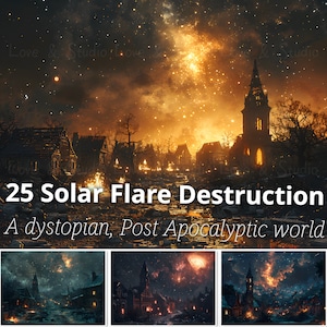 25 Papel digital de destrucción de llamaradas solares, obra de arte distópica post apocalíptica. Telón de fondo de fantasía oscura. Fondo de pantalla de Halloween frío. Comercial