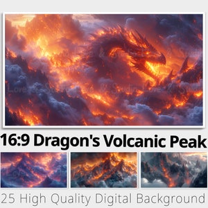 16:9 Dragon's Volcanic Peak Digital Paper. 25 Printable Fantasy Background. Samsung Frame TV Art. Youtube Overlay. Commercial Use