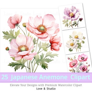 25 Bohostyle Japanese Anemone Clipart. Digital Floral Watercolor. Flower Sublimation Design, Botanical Print, Commercial use