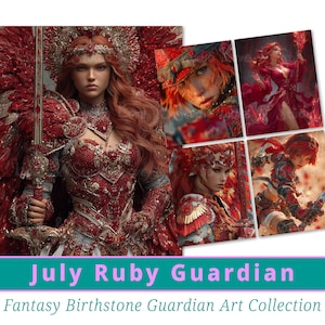 Może przedstawiać: Kolekcja sztuki fantasy przedstawiająca kobietę w czerwono-złotym, bogato zdobionym stroju, trzymającą miecz. Obraz zawiera wiele portretów z tekstem "July Ruby Guardian" i "Fantasy Birthstone Guardian Art Collection".