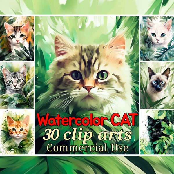 30 Watercolor Cat Clipart, Cat in the green tropical forest, 30 High Quality JPG, Commercial Use, Digital Download. Kitten Digital design