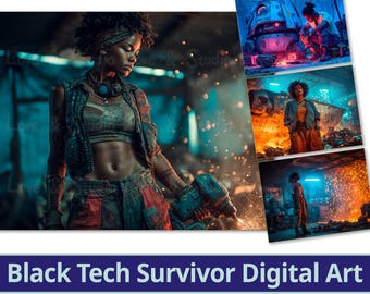 May include: Digital art featuring a Black Tech Survivor holding a power tool, with sparks flying. The image includes additional artwork showcasing other survivors in a futuristic, industrial setting. Text reads "Black Tech Survivor Digital Art" and "25 Survivors of Tomorrow."