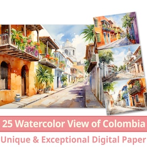 25 Ansicht von Cartagena, Kolumbien Digitales Papier, Aquarell mit Pen Brush Old City Clipart, Sublimation, kommerzielle Nutzung, INSTANT Download.